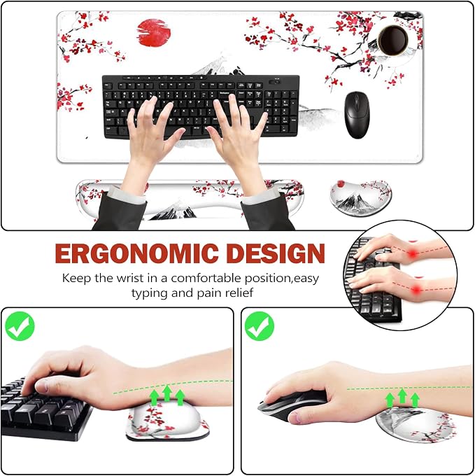 ToLuLu Extended Gaming Mouse Pad, Memory Foam Ergonomic Keyboard Mouse Wrist Rest Support Set, Large Desk Mat with Stitched Edges, Non-Slip Base Mousepad for Home Office Game, Cherry Blossom Sakura