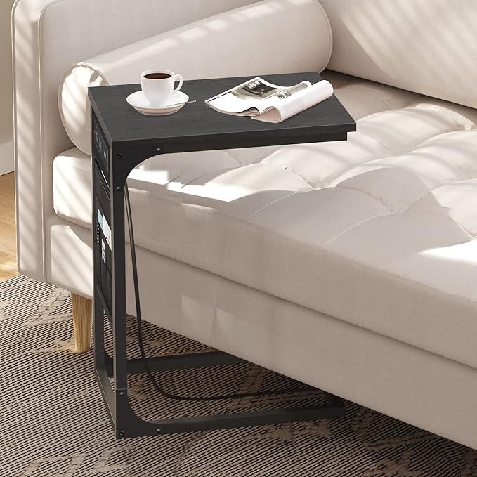 TUTOTAK C Shaped End Table with Charging Station, Side Table for Sofa | Couch Table with Storage Bag, TV Tray with 2 USB Ports and Outlets, Set of 2, Living Room and Bedroom, Black TB01BK0242
