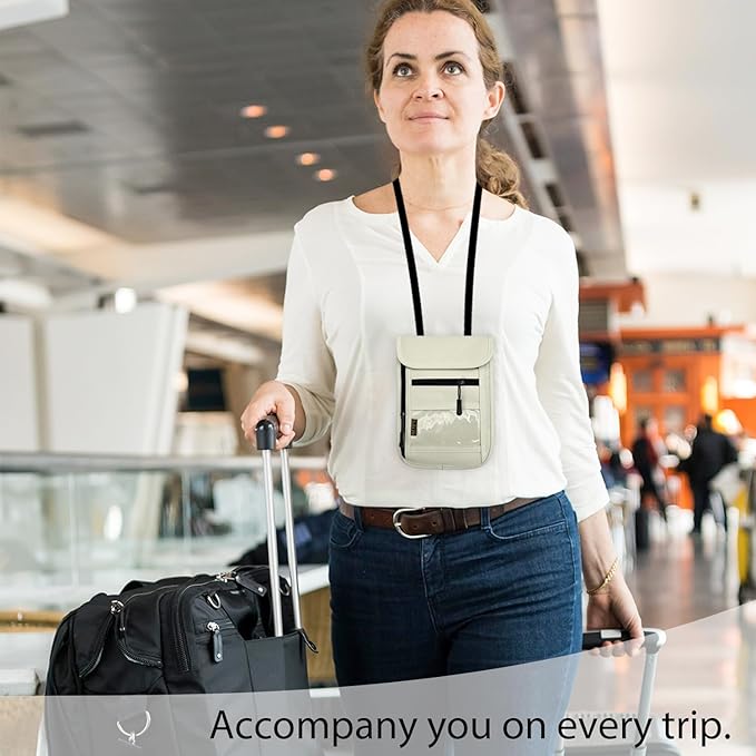 RFID Blocking Travel Neck Wallet Pouch and Passport Holder, Travel Neck Pouch Passport Holder for Women & Men - Beige