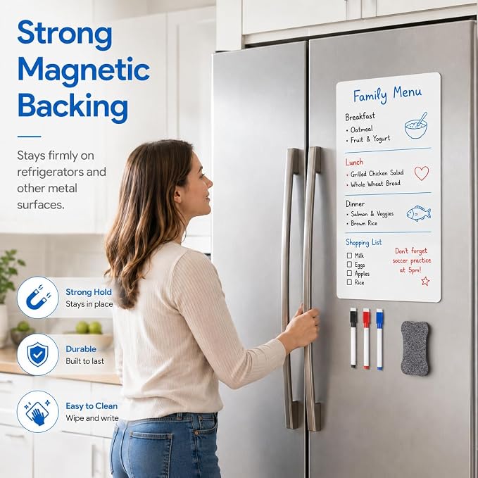 Magnetic Dry Erase Whiteboard 8"x12" for Fridge | Dry erase white board for fridge set with markers, eraser & magnets. Magnetic sheet sticks to fridge whiteboard