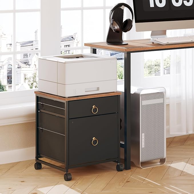 HOOBRO File Cabinet, 2-Drawer Vertical Mobile Office Cabinet, Rolling Printer Stand, for A4/Letter Size Files, Nonwovens Drawer, for Home Office, Rustic Brown and Black BFK21WJ01