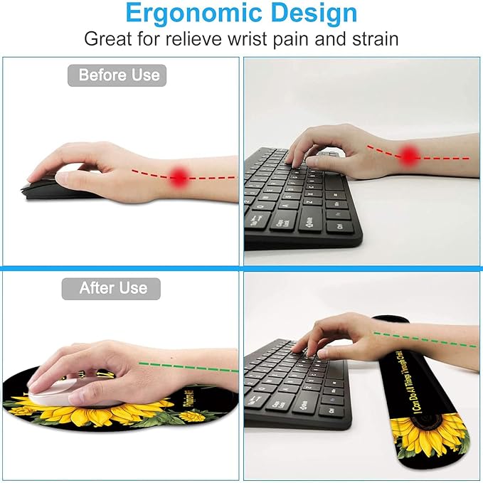 Keyboard Wrist Rest and Mouse Wrist Rest Pad with Cup Coaster,Made of Memory Foam,Ergonomic Support,Easy-Typing and Pain Relief,for Gaming Office Home Computer,Sunflower