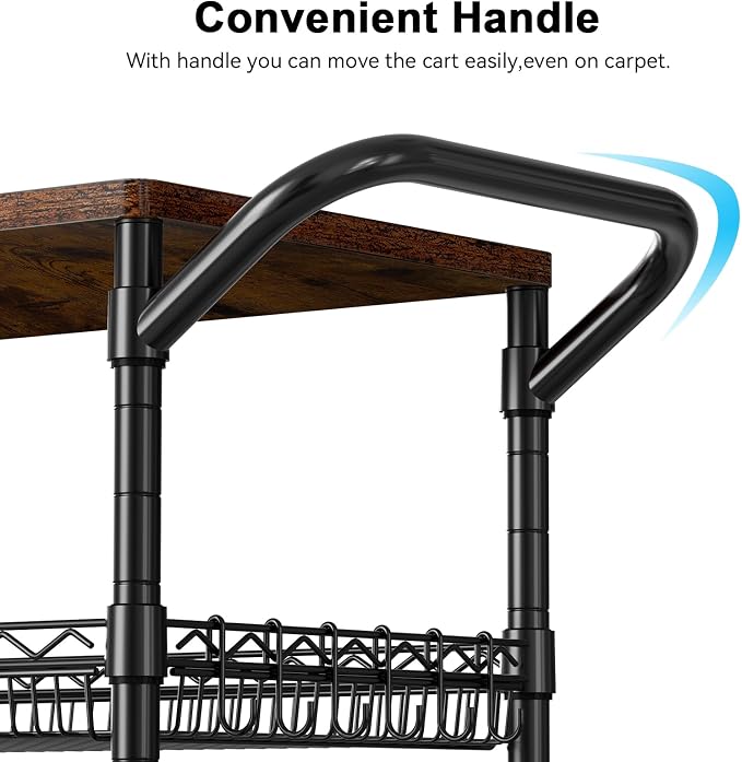 3 Tier Rolling Carts with Wheels, Heavy Duty Rolling Utility Cart with Wood Tabletop, Commercial Grade Metal Cart with Handle and Hooks, NSF Storage Serving Carts for Kitchen Island, Wood+Metal