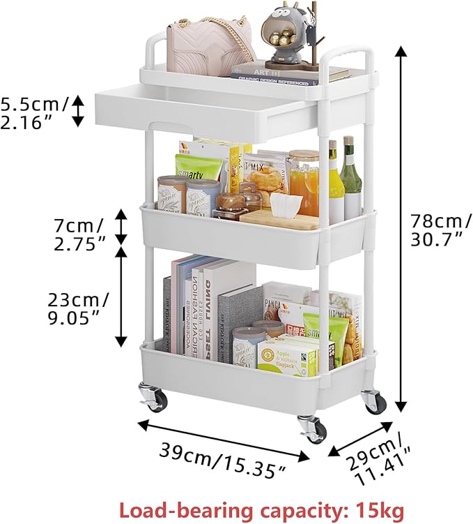 Calmootey 3-Tier Utility Cart with Drawer & Wheels, Storage for Home,Office | Space-Saving Organizer, Sturdy Plastic Shelves, Smooth-Rolling Metal Wheels, Built-in Drawer for Small Items, White