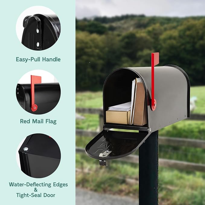 Mailboxes for Outside Post Mount, Black Metal Mailbox, Standard Size, 20 x 8.7 x 6.7 Inches
