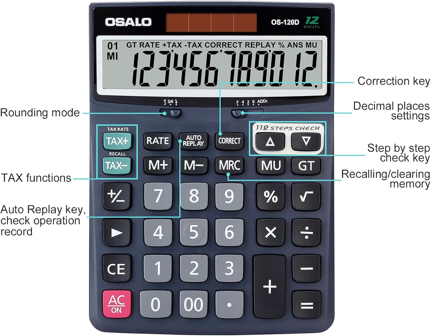 OSALO 12 Digits Desktop Calculator Extra Large LCD Display with VAT Tax Big Button, Dual Solar Power and Battery, Basic Calculator for Office, Home, School (DJ-120D Deep Blue)