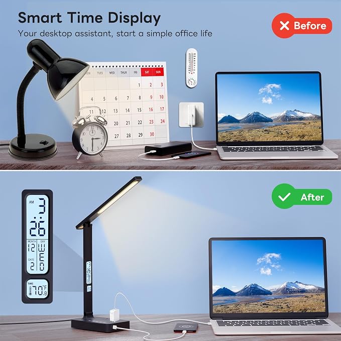 Infiway Desk Lamp with USB Charging Port: LED Stepless Dimmable Eye Caring Desk Light for Home Office - 1 Type-C, 1 USB-A Charging Port, 2 AC Power Outlets, Multiple Light Modes for Study and Bedroom