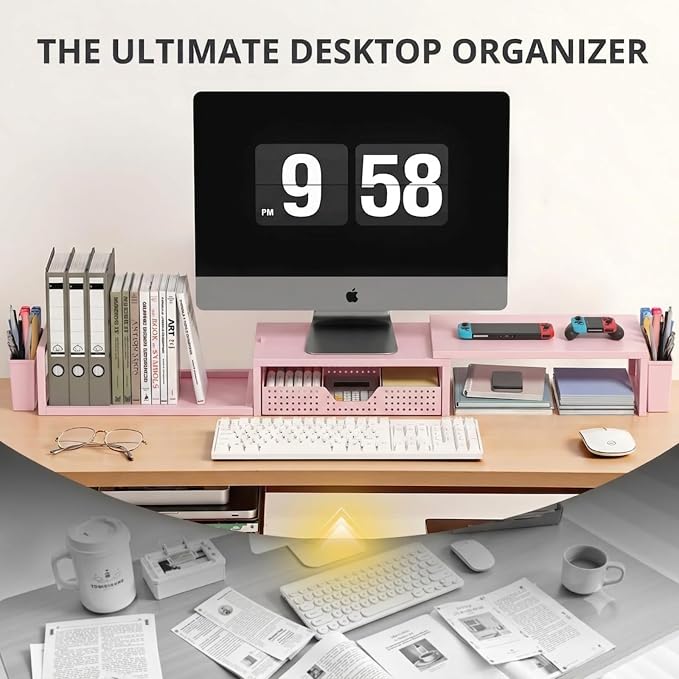 Desk Organizers and Accessories, Dual Monitor Stand Riser with Drawer and 2 Pen Holders, Desk Shelf Computer Racks for Office Workspace Organizers, Desktop Organization (Peach-pink)