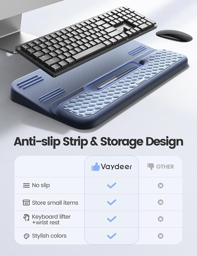 Vaydeer Wrist Rest with Keyboard Stand, Computer Wrist Support Pad, Ergonomic Keyboard Riser Holder Lift Tray with Wrist Pad, Soft Memory Foam Desk Cushion, Palm Hand Typing for Office Home Gift-Blue
