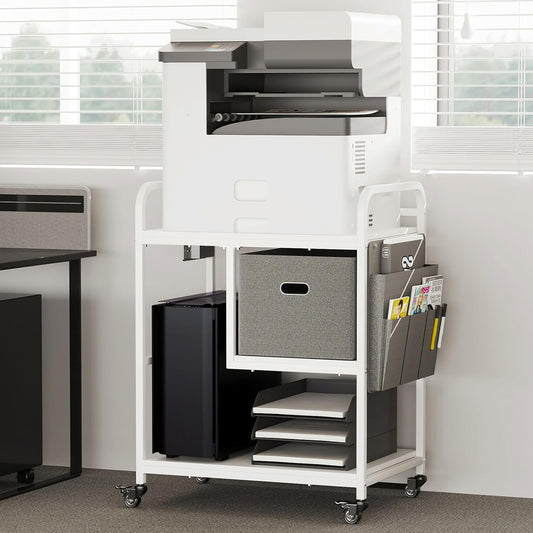 Large Printer Stand with Removable Storage Drawer, Mobile Printer Table with Charging Station and USB Ports for Home Office, Rolling Industrial Printer Cart with Wheels for Scanner Fax (White)