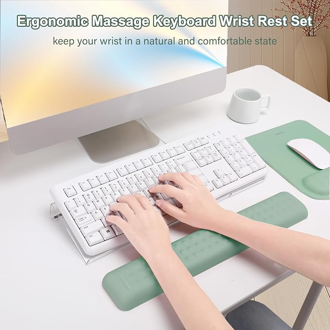 MOSISO Keyboard Stand&Wrist Rest Support for Keyboard &Mouse Pad Set | Ergonomic Massage Wrist Rest Set, Easy Typing Working Acrylic Clear Stand for Office Home, Antique Green