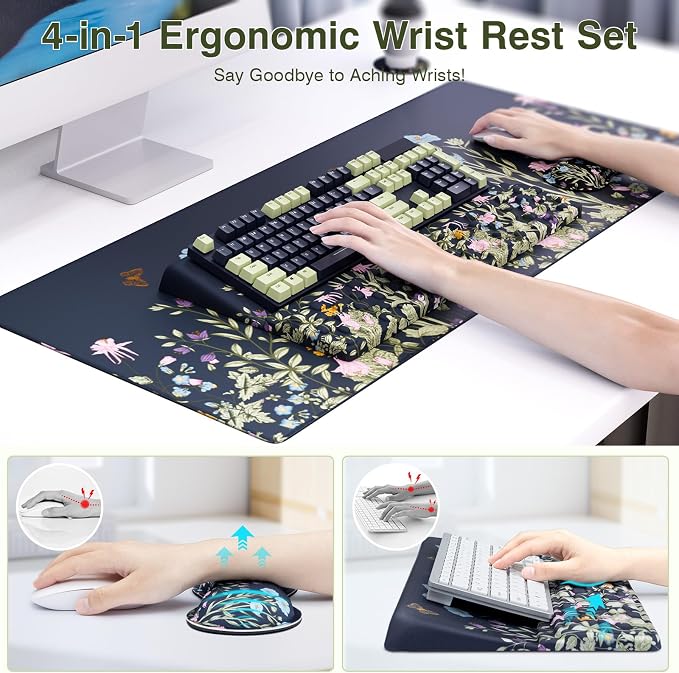Ospelelf Keyboard Wrist Rest Stand Pad and Ergonomic Mouse Pad Set with Large Mousepad, Memory Foam Comfort, Premium Office Desk Accessories for Pain Relief, Moonlit Blossoms
