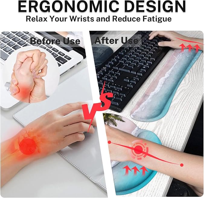 Ergonomic Mouse Pad Set with Wrist Rest, Ocean Blue | Summer Beach Non-Slip Rubber Base Wrist Cushion Support and Coasters Mousepad with Wrist Support for Computer Keyboard
