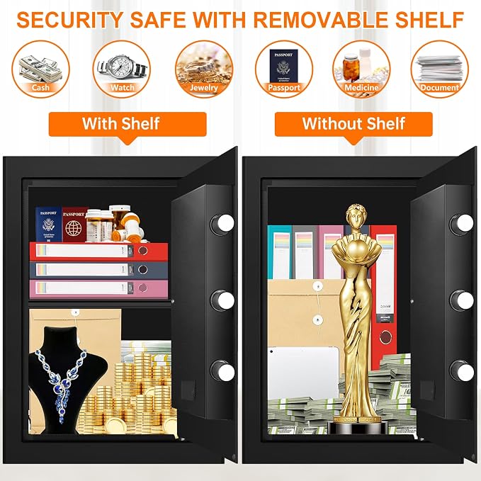 3.4 Cuft Large Safe Box for Home, Digital Security Safe with Programmable Keypad and Key Lock, Home Safe for Document Money Valuables