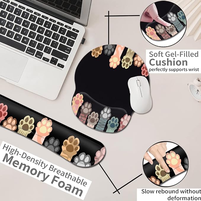 Ergonomic Mouse Pad with Wrist Support Gel Mouse Pad, Non-Slip Laptop Computer Keyboard Mousepad for Office & Home Gaming, Cute Colorful Cat Paws Design, Memory Foam Keyboard Wrist Rest