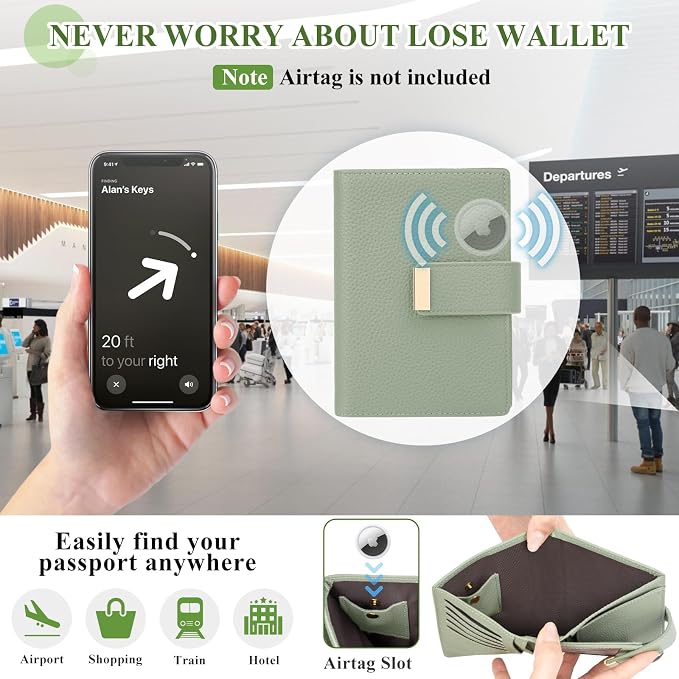 BKNOOU RFID Blocking Passport Holder with Airtag Slot- Leather Travel Passport Wallet for Women & Men, Slim Bifold Travel Passport Holder Holds Cards & Tickets & Cash (Green)