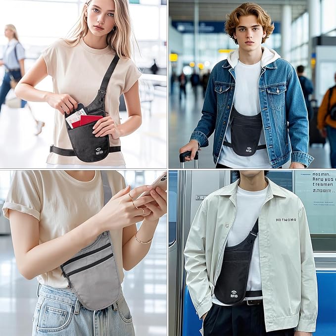 Money Belt for Travel, RFID Blocking Hidden Neck Wallet & Passport Holder | Unisex dual-strap + RFID, slim breathable, 3-compartment holds 4 passports+2 phones, durable YKK, water-resistant.