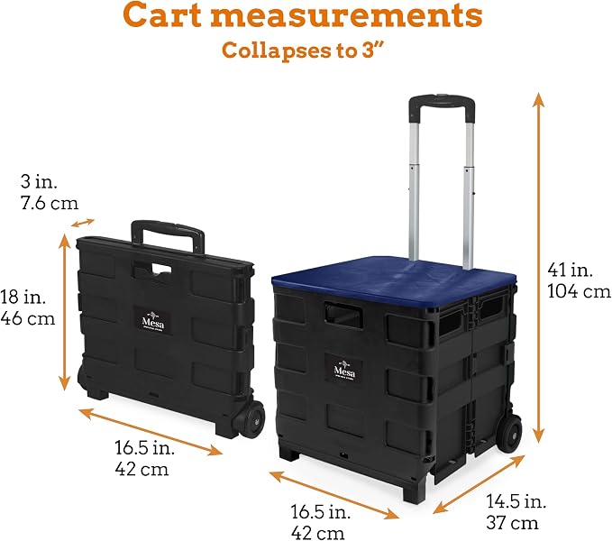 Collapsible Ultra-Slim Pack-N-Roll,2 Wheel Utility Cart w/Lid Used as Seat up to 250 Lbs, Telescopic Handle - Super Strong, for Home, Garden, Shopping, Office, School use, Large, Blue