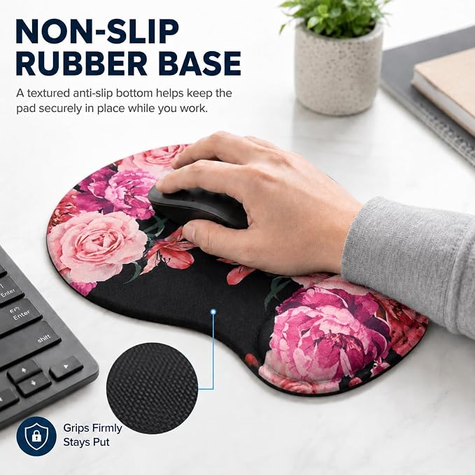 Mouse Pad with Wrist Rest Ergonomic Memory Foam Support, Non-Slip Rubber Base, Comfortable Typing Cushion for Home Office Computer Laptop, Flowers Pink