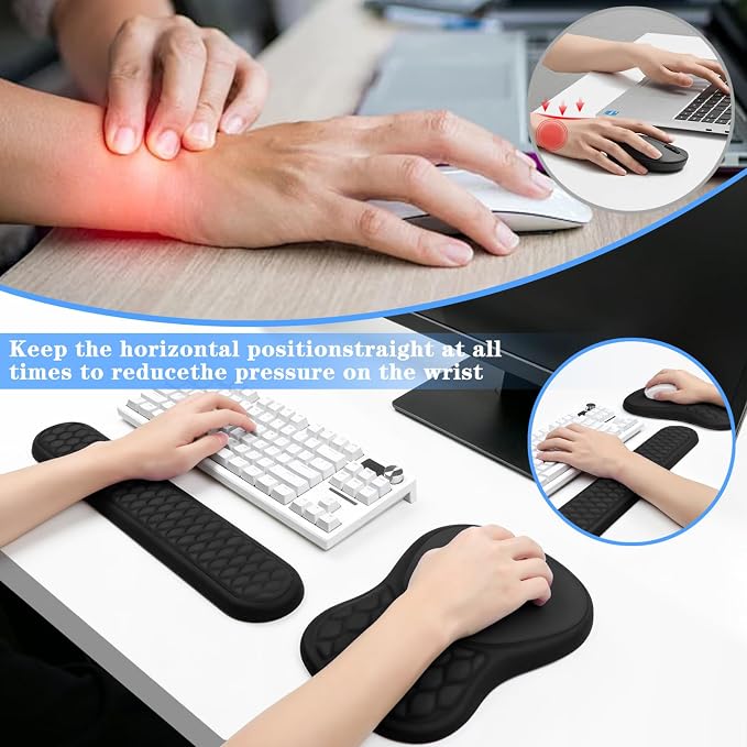 Wrist Rest for Computer Keyboard and Mouse Pad Set with Massage Design | Ergonomic Memory Foam Wrist Support Mouse Pad for Pain Relief, Easy Typing, Desk Wrist Pad for Office Home(2-in-1 Black)