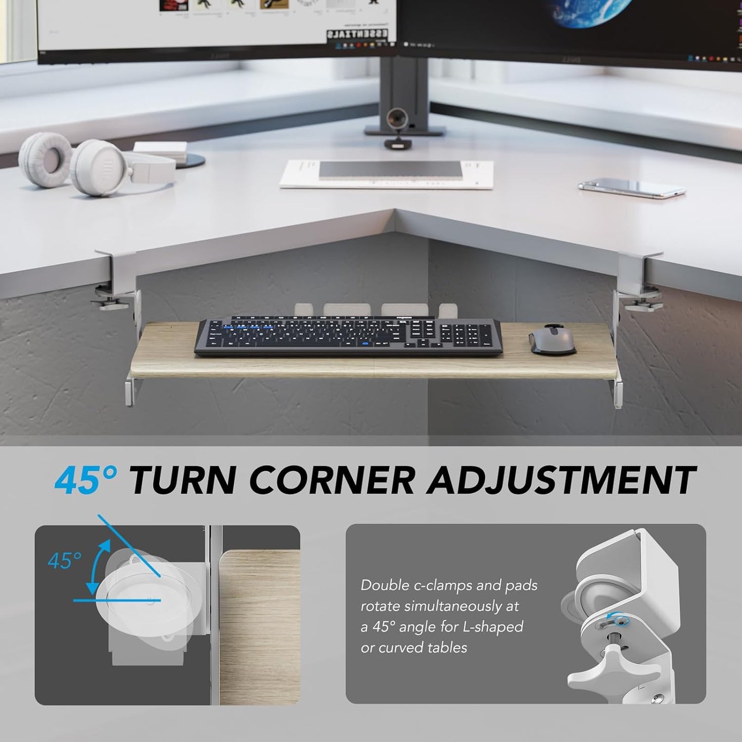 Keyboard Tray Under Desk Pull Out with Extra Sturdy C Clamp Mount System, 27.3 (32.5 inch Including Clamps) x 11 Inch Slide-Out Platform Computer Drawer for Typing Grain AX01WG01