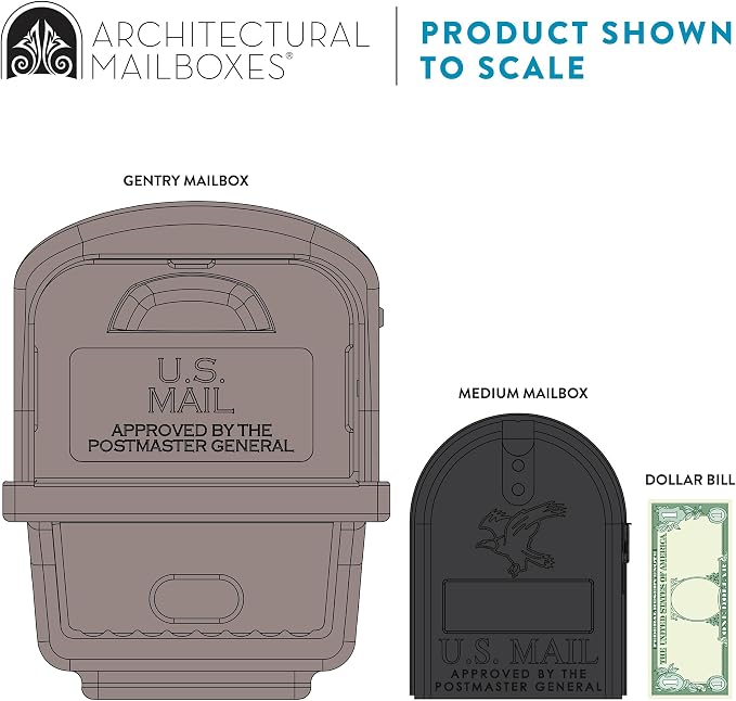 Architectural Mailboxes Gentry Mailbox with Post, Mocha, Large | Includes the matching post and all hardware. Durable plastic build with weather-resistant outdoor construction. USPS approved