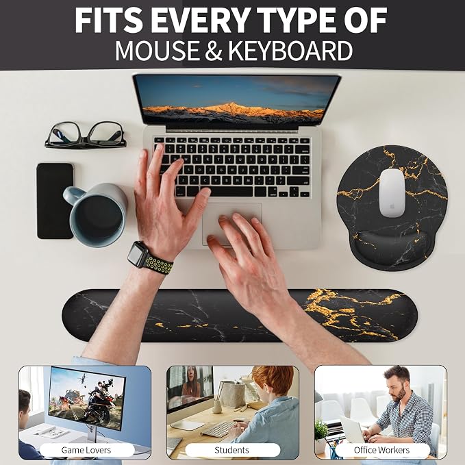 Mouse Pad Wrist Support, Ergonomic Memory Foam Keyboard Wrist Pad & Gel Wrist Rest Set for Computer Keyboard for Easy Typing & Pain Relief for Office & Home (Black Marble Set)