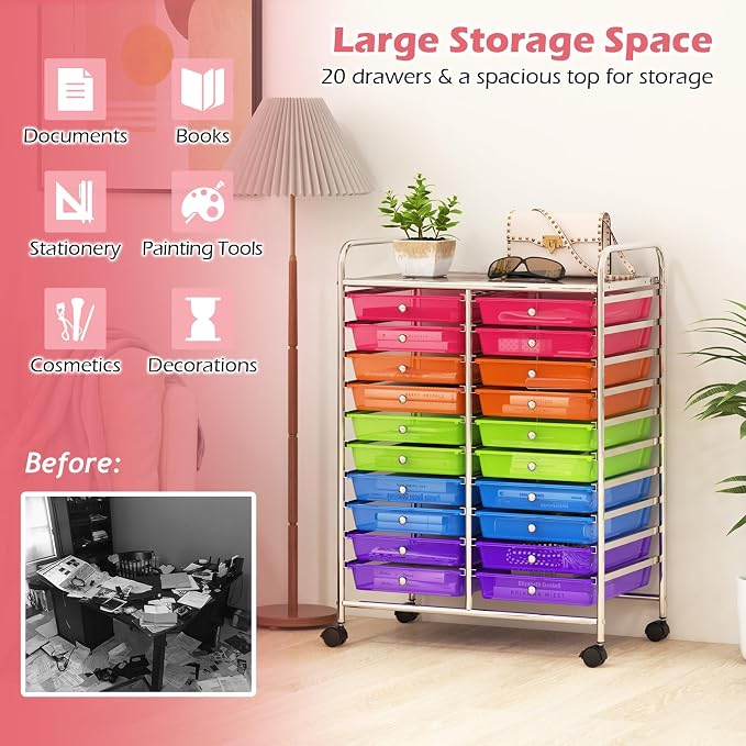 RELAX4LIFE 20 Drawer Rolling Storage Cart, Mobile Rolling Cart w/Drawers for School Classroom Teacher Office Home Salon, Paper File Art Supply Craft Organizer, Utility Cart on Wheels (Rainbow)
