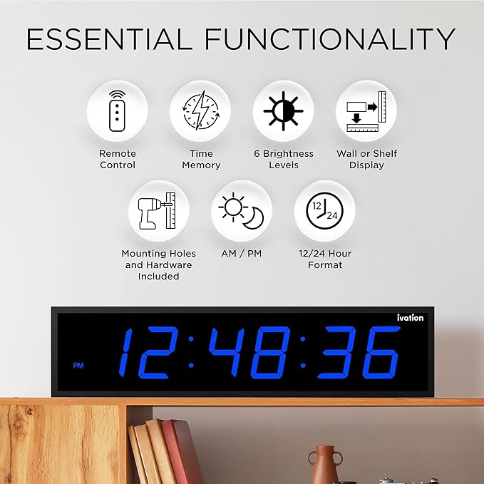 Ivation Oversized Large Digital Wall Clock - Big LED Digital Clock w/Large Display & Durable Aluminum Frame, Shelf or Wall Mount (30 Inch - Blue) 6 Brightness Levels | Time Memory | Remote