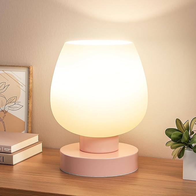 Seealle Pink Touch Table Lamp for Nightstand - Small Bedside Lamp for Bedroom Living Room Night Stands, Desk Lamp with White Glass Shade for Small Spaces, 3 Way Dimmable, LED Bulbs