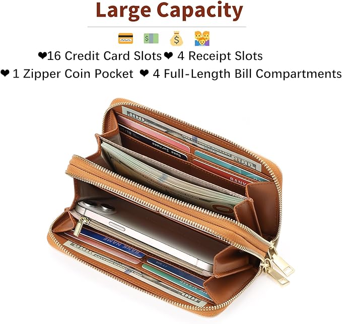 GOIACII Women's Wallet Large Capacity Double Zip Ladies Card Phone Holder RFID Blocking Wristlet Leather