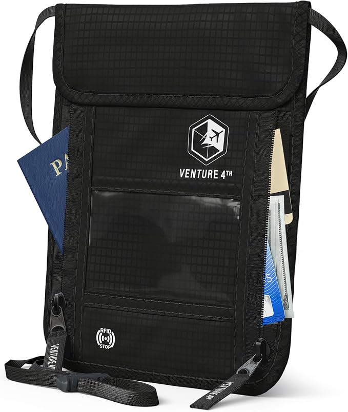 VENTURE 4TH Travel Neck Wallet, RFID Blocking Passport Holder - Pure Black