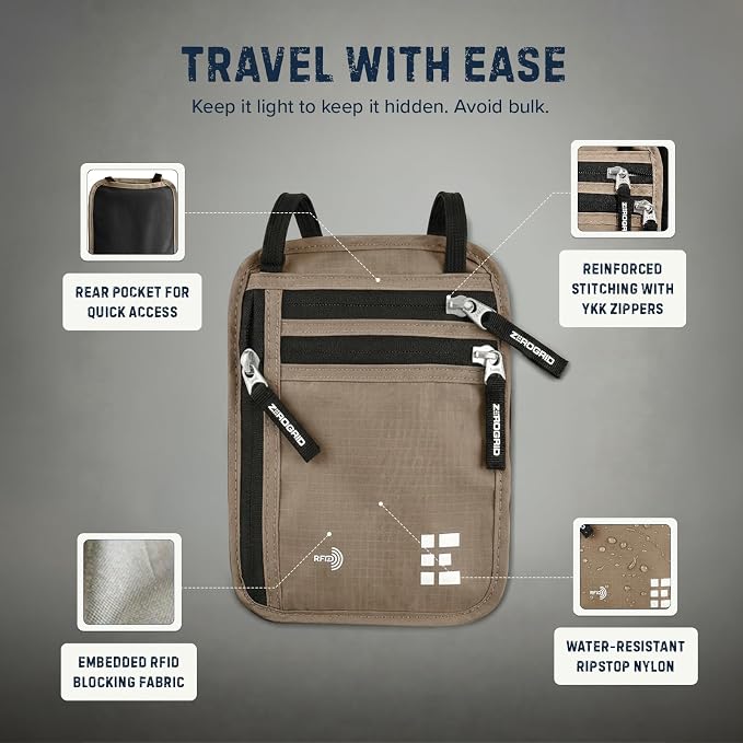Zero Grid RFID Travel Neck Wallet, Large Passport Holder, Beige | Slim & Concealable Travel Pouch for Men & Women; Holds Phone, Cash, Cards, Keys, Waterproof; 4 compartments; Adjustable Strap