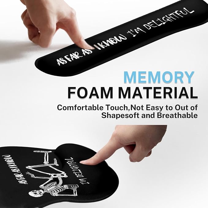 Ergonomic Mouse Pad Set with Wrist Rest, Black Skull Skeleton | Non-Slip Rubber Base Wrist Cushion Support and Coasters Mousepad with Wrist Support for Computer Keyboard