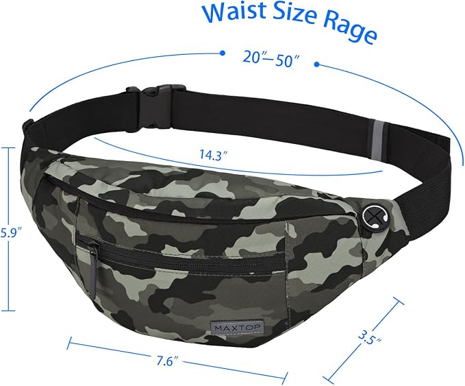 Large Camo Green Fanny Pack Hands-Free Belt Bag Carrying All Size of Phones | 4-Zipper Pockets,Polyester,Gifts for Enjoy Festival Sports Workout Traveling Running Casual Hands-Free Waist Pack Belt Bag