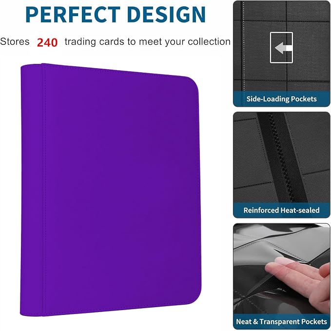 Trading Card Binder 4 Pocket, 240 Pockets Ringless PU Cover Card Collection Binder, Double Sided Card Binder Collector Album, Card Folder for MTG, TCG, Sports Cards, Game Card (Purple, 4Pockets)