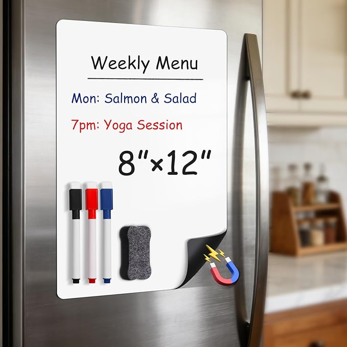 Magnetic White Board for Refrigerator Plan Weekly Menus at a Glance | Dry Erase Sheet for Meal Schedules - 12" x 8" Kitchen Command Center for Busy Moms with Magnet Backing Packed Flat