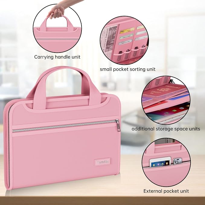 Tamfile Fireproof Accordion File Organizer, Expanding File Folder, Pink | 13 Pocket Colorful, Handle, Zipper & Labels, Multi-Pockets Paper Organizer, for Letter A4 Files, Home, Office, School