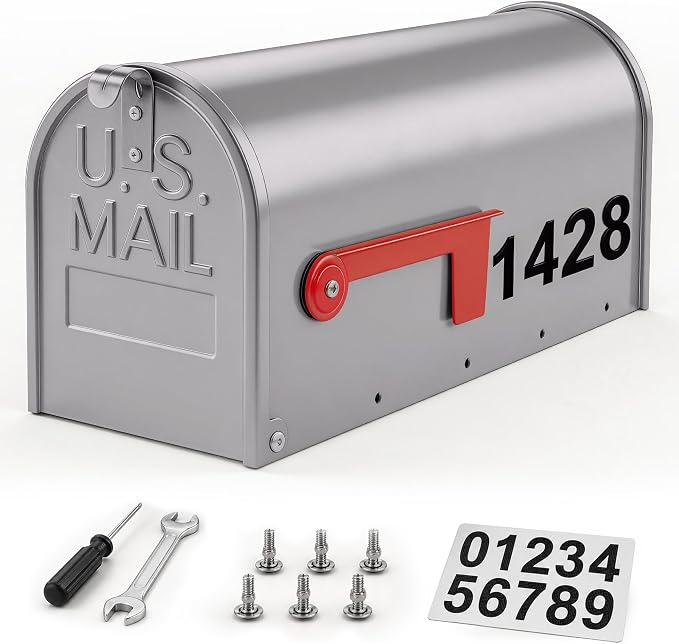 Mailbox for Outside,Metal Post Mount Outdoor MailBoxes - with Tools,Screws,Number Stickers,Red Flag Indicated,Medium Capacity,Galvanized Steel,Waterproof Mail Box for House Outside,20 x 8.7 x 6.7 ”