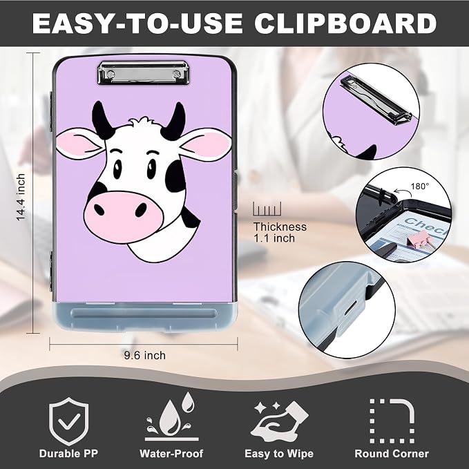 Clipboard with Storage,Storage Clipboard with Pen Holder,Heavy Duty Plastic Storage Clipboard with Low Profile Clip,Teacher Must Haves,Clipboard Folder,Office Supplies,Cute Cow -1364