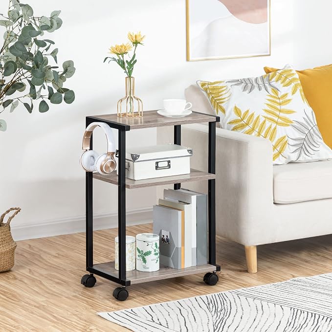 HOOBRO Mobile Printer Stand, 3-Tier Printer Cart Under Desk with Storage, Industrial Adjustable Rolling Cart, Sturdy Little Table on Wheels for Home Office BG28PS01N1