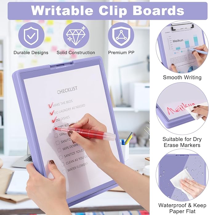 Meiikun Clipboard with Storage, Plastic Clip Boards 8.5x11 Folder with Clear Panel for Dry Erase Quick Reference, Clip Board Storage Clipboards Case for Teacher School Office Supplies (Pale Purple)