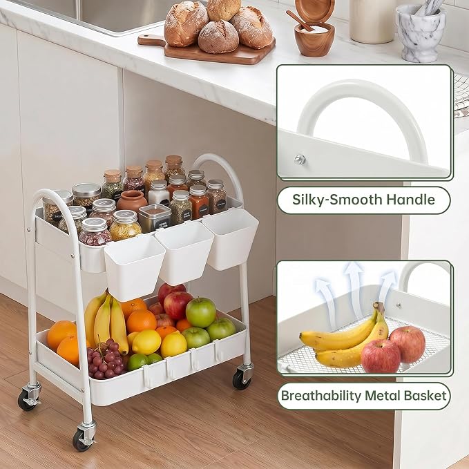 2-Tier Rolling Cart, Utility Cart Mobile Metal Rolling Storage Cart with Lockable Wheels & Hanging Cups & Hooks for Kitchen, Bathroom, Office, Workshop, Purple
