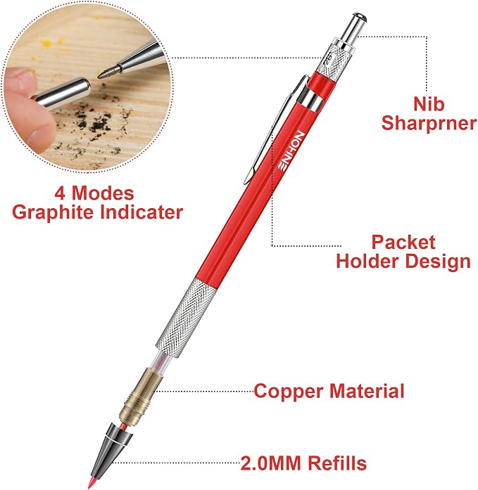 Enhon 4 Pack Carpenter Pencil Set with Sharpener, Black/Red/Yellow | 45mm Deep-Reach Tip, 36 Refill Leads, 2mm & 2.8mm Lead Sizes, Durable Construction, Pocket Clip, Multi-Surface Drawing