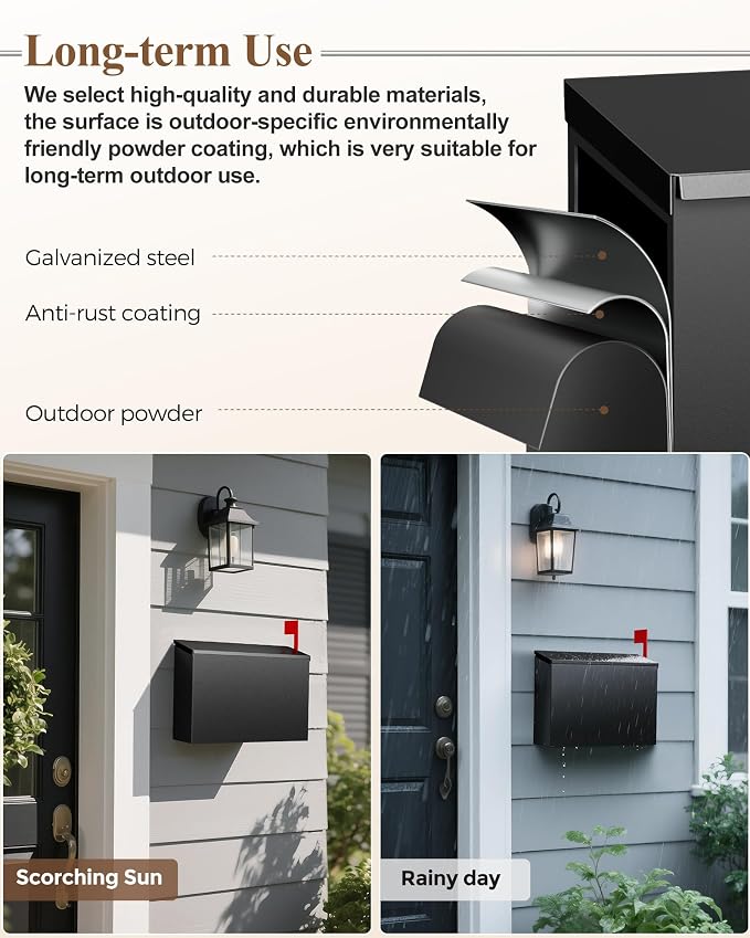 Wall-Mount Mailbox for Outside, Large Capacity Rust-Proof Mail Box with Stay-Open Lid & Red Flag Kit, Galvanized Steel Weather-Resistant Post Box for House Outside, 10.5"x4.3"x14.2", Black