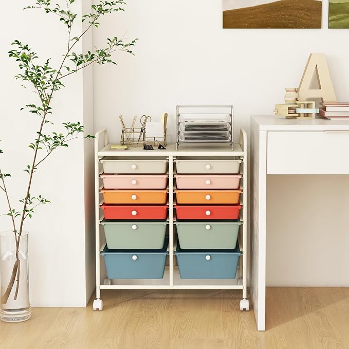 12 Drawer Rolling Storage Cart, Craft Cart Organizer on Wheels w/Metal Frame, Large Capacity & Smooth Drawer, Rolling Cart w/Drawers for Classroom, Office