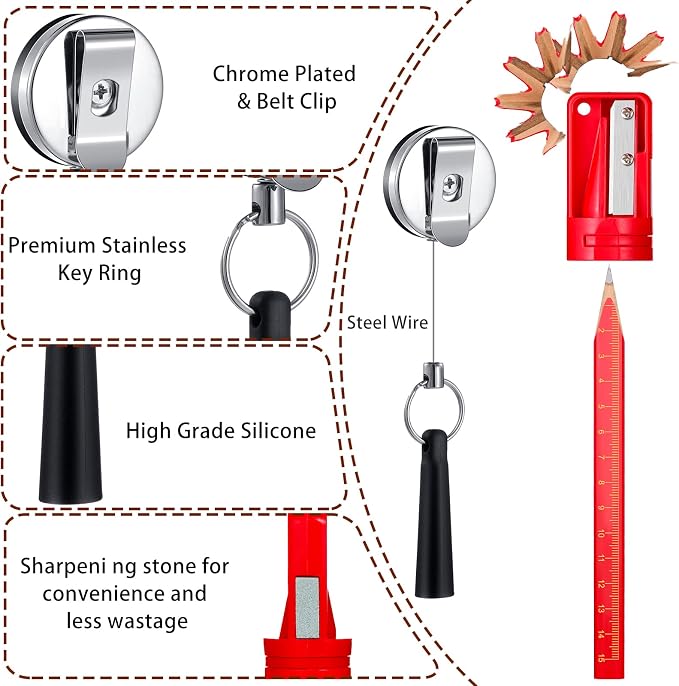 Honoson 24 Pcs Carpenter Pencil with Sharpener,Red Cover, Black Refill | Construction Pencils for Jobsite, Octagonal Flat Design Prevents Rolling, Black Refill Clear Marking, Retractable Pen Holder