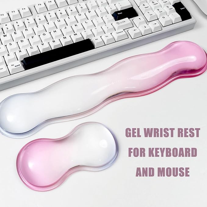 Ergonomic Gel Keyboard and Mouse Wrist Rest Set – Clear Wrist Rest for Computer Keyboard 60%/68%/75%, Comfort & Support for Typing and Gaming (Light Pink Blue)
