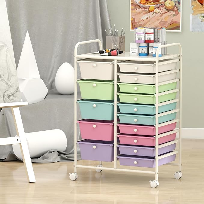 COSTWAY 15 Drawer Rolling Storage Cart, Mobile Storage Organizer | Removable Drawers & Metal Frame, Multipurpose Utility Tools Paper Organizer on Wheels for Home, Office (Ice Cream Colorful)