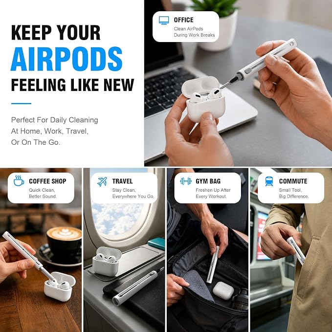 Hyashee Cleaner Kit for AirPods Pro 3/2/1, 3-in-1 Earbud Cleaning Pen with Metal Tip, Soft Brush & Flocking Sponge, Cleaning Tool for Wireless Earbuds, Charging Case, Phone, Keyboard & Electronics